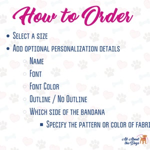 Pu&ograve; includere: Su sfondo bianco con cuori e impronte rosa, il testo "How to Order" in rosa. L'immagine spiega come ordinare, inclusa la selezione della taglia, la personalizzazione e la specifica del motivo del tessuto.