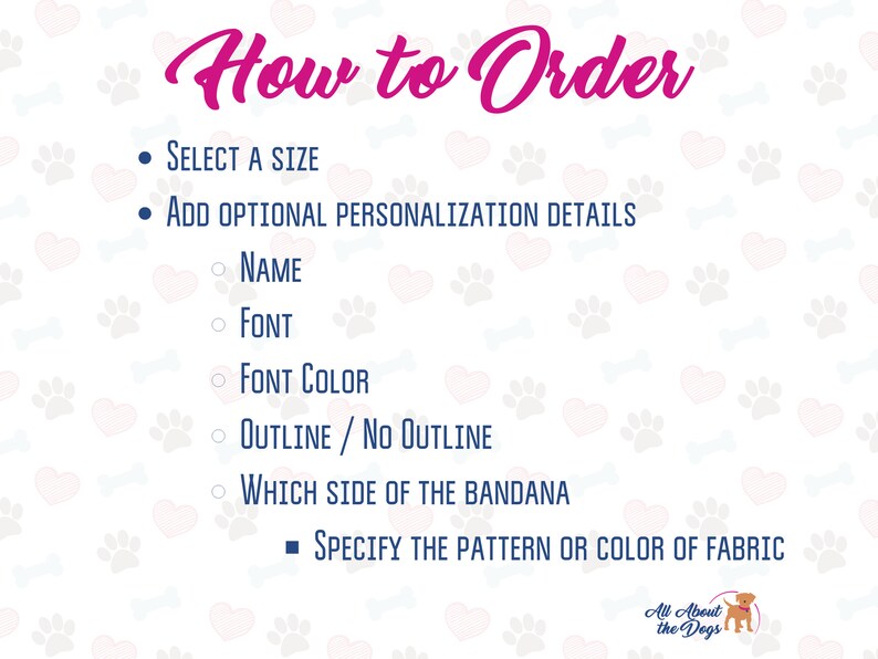 Pu&ograve; includere: Su sfondo bianco con cuori e impronte rosa, il testo "How to Order" in rosa. L'immagine spiega come ordinare, inclusa la selezione della taglia, la personalizzazione e la specifica del motivo del tessuto.
