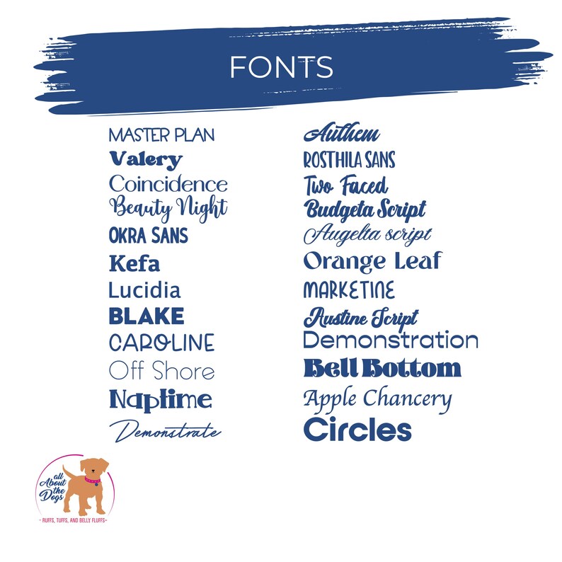 May include: A white background with a blue brushstroke across the top, displaying the word "FONTS". Various font styles are listed in blue, including "Valery", "Beauty Night", "Blake", and "Bell Bottom". A logo of a dog is in the bottom left.