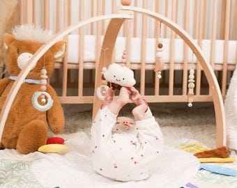 Wooden Baby Play Gym, Foldable Infant Activity Gym with Hanging Toys, Minimalist Nursery