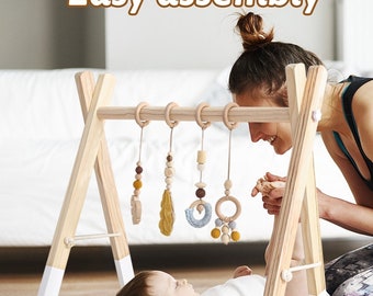 Wooden play gym for baby with natural wooden Montessori toys, Baby Gym Hanging Toys, Wood Play Gym