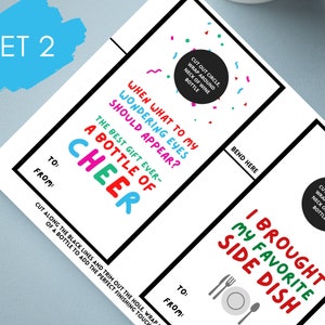 May include: Set of two printable gift tags with black borders. One tag reads "A Bottle of Cheer" in colorful letters. The other says "I Brought My Favorite Side Dish." Both have space for "To" and "From" and instructions to wrap around a wine bottle.