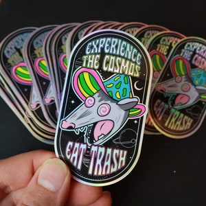 Trippy Mushroom Possum Sticker | Weirdcore Holographic Vinyl Decal | Strange Psychedelic Space Art