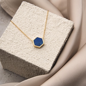Hexagon 18K Vermeil Pendant Necklace, Minimalist Gemstone Jewelry in Malachite, Amethyst, Lapis Lazuli, 925 Sterling Silver Gift for Her