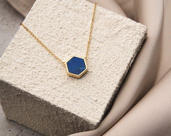 Hexagon 18K Vermeil Pendant Necklace, Minimalist Gemstone Jewelry in Malachite, Amethyst, Lapis Lazuli, 925 Sterling Silver Gift for Her