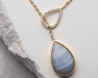 Double Teardrop Necklace with Moonstone or Labradorite, Minimalist 18K Vermeil Silver Pendant, Quartz or Agate Gemstone Gift for Her