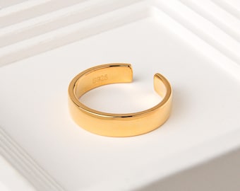 Gold Vermeil Thick Adjustable Ring, Unique Minimalist Stacking Ring, 18K Gold Plated Sterling Silver Jewelry, Sterling Silver Gift for Her
