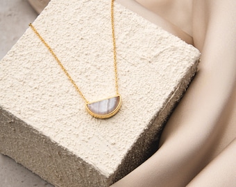 Half Moon Vermeil Necklace, 925 Sterling Silver Pearl Pendant, Minimalist Gold Gemstone Necklace, Anniversary Gift, Dainty Gifts for Her