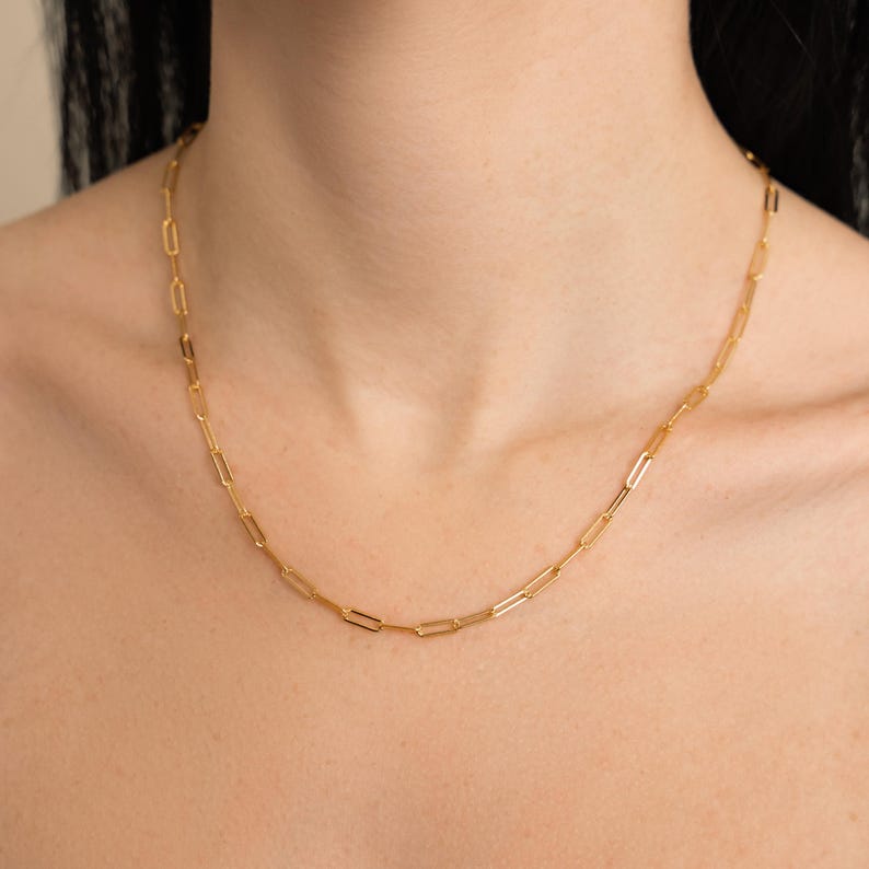 May include: A gold-coloured paperclip chain necklace. The necklace is made of small, rectangular links. The chain is worn around the neck and rests on the chest.