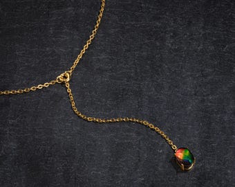 Oval Lariat Necklace with Moonstone or Labradorite, Simple Minimalist 18K Vermeil Silver Pendant, Ammolite Agate Gemstone Gift for Her