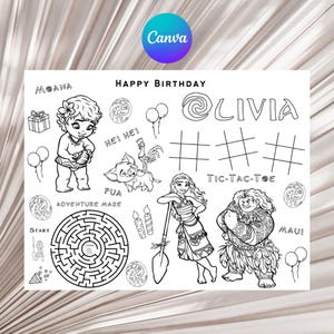 May include: A black and white printable coloring page featuring characters from the animated movie Moana. The page includes a maze, tic-tac-toe game, and a birthday message that says "Happy Birthday Olivia".