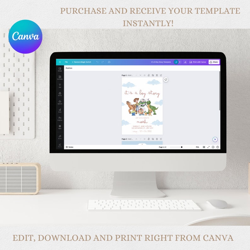 May include: A computer screen displaying a Canva design template for a baby shower invitation. The invitation features a cartoon illustration of characters from the movie Toy Story, with the text "It's a boy story" and the name "Noah".