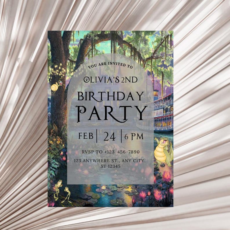 May include: A birthday party invitation with a whimsical illustration of a swamp scene with a steamboat, a frog, and a tree with twinkling lights. The text reads "You are invited to Olivia's 2nd Birthday Party Feb 24 6 PM RSVP to +123-456-7890 123 Anywhere St., Any City, ST 12345".
