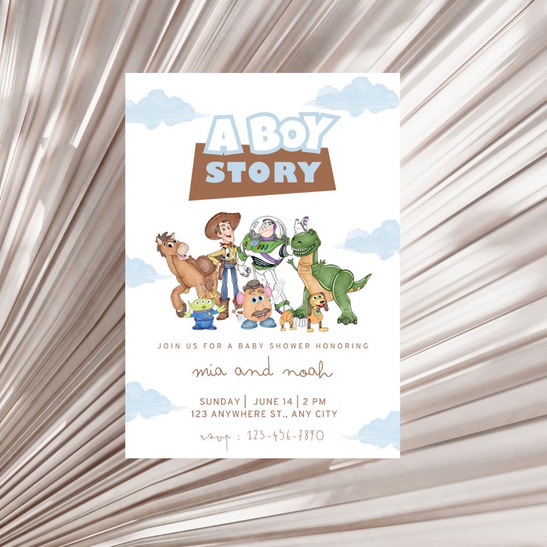 May include: A baby shower invitation with a blue and brown "A Boy Story" banner and cartoon characters from the Toy Story movie. The invitation includes the text "Join us for a baby shower honoring mia and noah", "Sunday June 14 | 2 PM", "123 Anywhere St., Any City", and "RSVP: 123-456-7890".