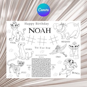 Könnte beinhalten: Schwarz-weiß druckbares Geburtstags-Aktivitätsblatt mit Charakteren aus Der König der Löwen. Enthält ein Tic-Tac-Toe-Spiel, ein Labyrinth und Charakterillustrationen. Der Name "NOAH" ist deutlich sichtbar.