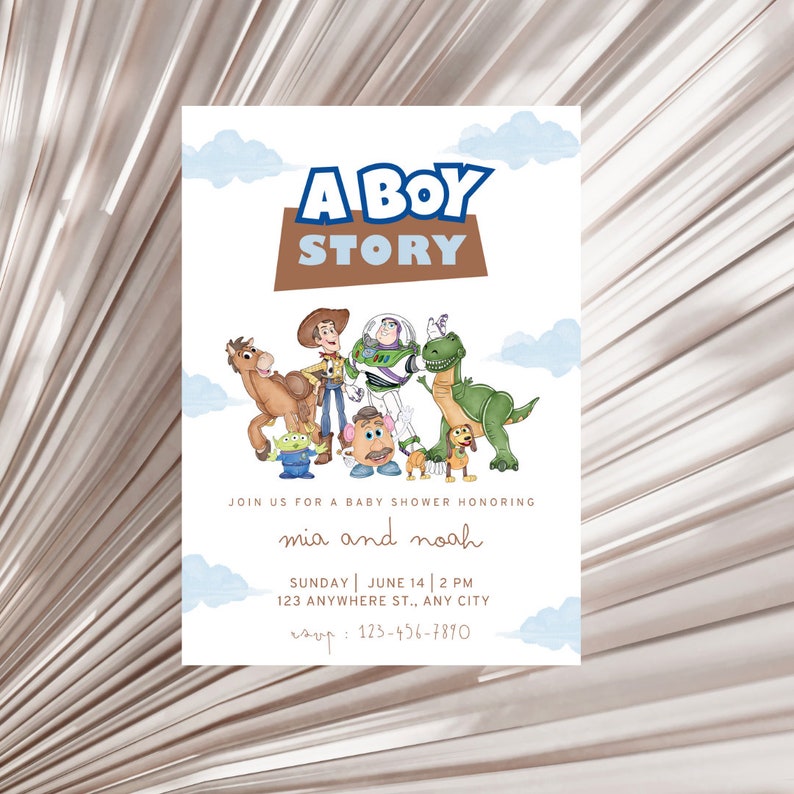 May include: A baby shower invitation with a Toy Story theme. The invitation features the characters Woody, Buzz Lightyear, Rex, Slinky Dog, and Mr. Potato Head. The text on the invitation reads "A Boy Story", "Join us for a baby shower honoring mia and noah", "Sunday June 14 | 2 PM", "123 Anywhere St., Any City", and "RSVP: 123-456-7890".