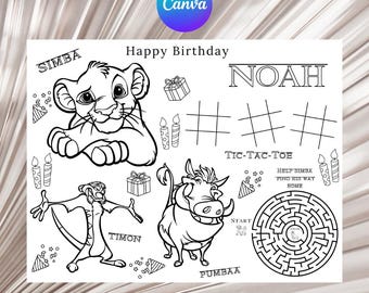 Lion King, Simba Birthday Party Activity and Coloring Sheet Canva Template