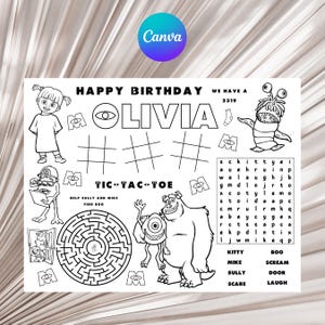 Monsters Inc. Birthday Party Activity and Coloring Sheet Canva Template