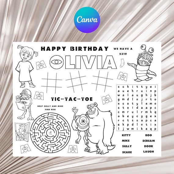 Monsters Inc. Birthday Party Activity and Coloring Sheet Canva Template