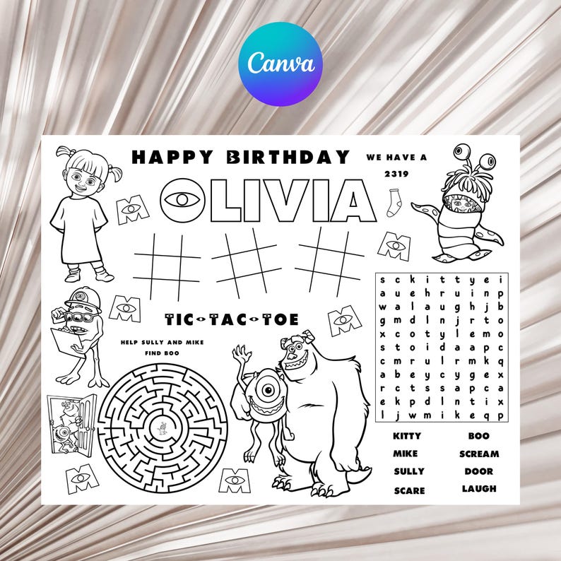 Monsters Inc. Birthday Party Activity and Coloring Sheet Canva Template image 1