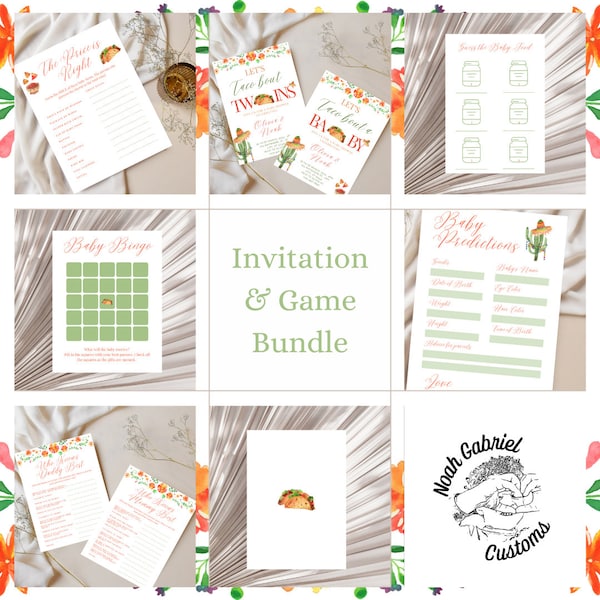 Let's Taco 'Bout a Baby/Taco 'Bout Twins Baby Shower Game And Canva Invitation Template Bundle