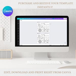 May include: A computer screen displaying a Canva design template for a birthday coloring book. The template features two pages with black and white illustrations of a birthday cake, a tiger, and a girl with the name "Olivia" written on each page.