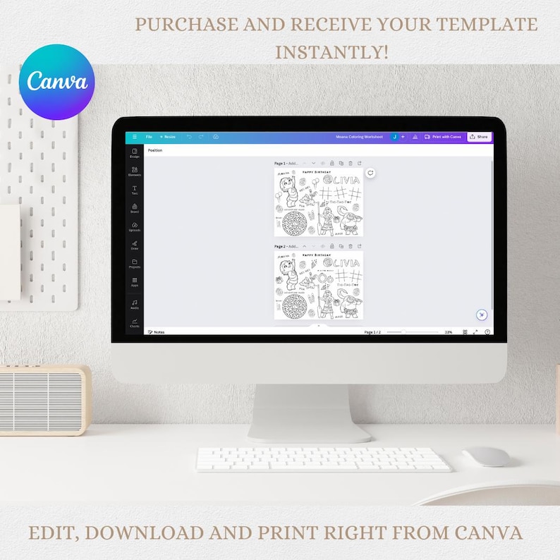 May include: A computer screen displaying a Canva design template for a birthday coloring book. The template features two pages with black and white illustrations of a birthday cake, a tiger, and a girl with the name "Olivia" written on each page.