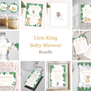 Puede incluir: Un conjunto de decoraciones y juegos para baby shower con temática de El Rey León. Incluye adornos para cupcakes, invitaciones, una etiqueta para botella de agua y tarjetas de rifa de pañales. Los diseños presentan un cachorro de león y acentos de hojas tropicales.
