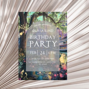 May include: A birthday party invitation featuring a whimsical illustration of a swamp scene with a steamboat, lily pads, and a frog. The text reads "You are invited to Olivia's 2nd Birthday Party, Feb 24, 6 PM, RSVP to +123-456-7890, 123 Anywhere St., Any City, ST 12345".