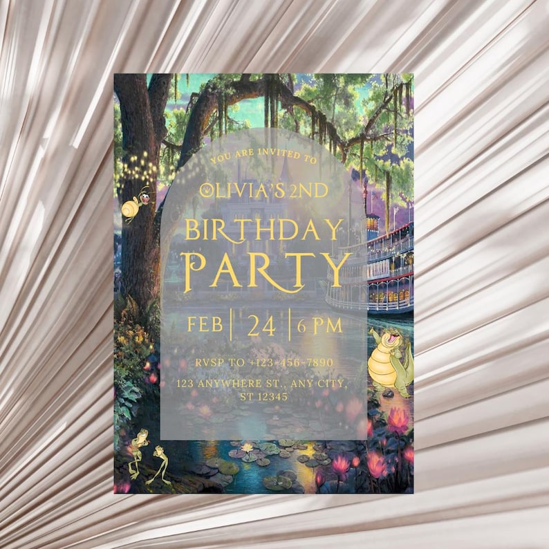 May include: A birthday party invitation with a whimsical illustration of a swamp scene with a steamboat, lily pads, and a frog. The text reads "You are invited to Olivia's 2nd Birthday Party, Feb 24, 6 PM, RSVP to +123-456-7890, 123 Anywhere St., Any City, ST 12345".
