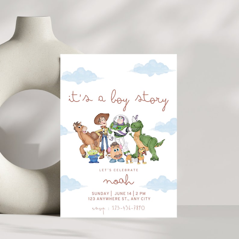 May include: A baby shower invitation with a Toy Story theme. The invitation features a watercolor illustration of Woody, Buzz Lightyear, Rex, Jessie, Mr. Potato Head, and Slinky Dog. The text on the invitation reads "it's a boy story" and "Let's celebrate Noah".