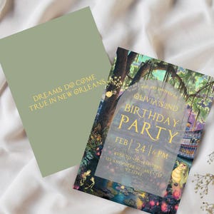May include: A whimsical invitation for a 2nd birthday party with a New Orleans theme. The invitation features a watercolor illustration of a swamp scene with a boat, frogs, and lily pads. The text reads "You are invited to Olivia's 2nd Birthday Party, Feb 24 | 6 PM".