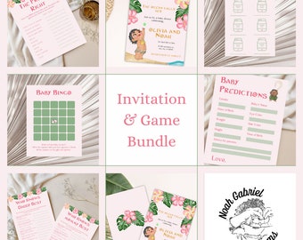 Vaiana babyshower-spel och Canva-inbjudningsmallpaket