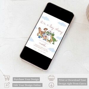 May include: A digital invitation for a baby shower with a cartoon illustration of characters from the Toy Story movie. The invitation is titled "It's a boy story" and includes the name "Noah" and the date and time of the event.