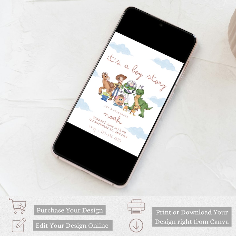 May include: A digital invitation for a baby shower with a cartoon illustration of characters from the Toy Story movie. The invitation is titled "It's a boy story" and includes the name "Noah" and the date and time of the event.