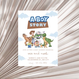 May include: A baby shower invitation with a "A Boy Story" theme featuring characters from the Toy Story movie franchise. The invitation includes the names "mia and noah", the date "Sunday, June 14, 2 PM", the address "123 Anywhere St., Any City", and the RSVP number "123-456-7890".