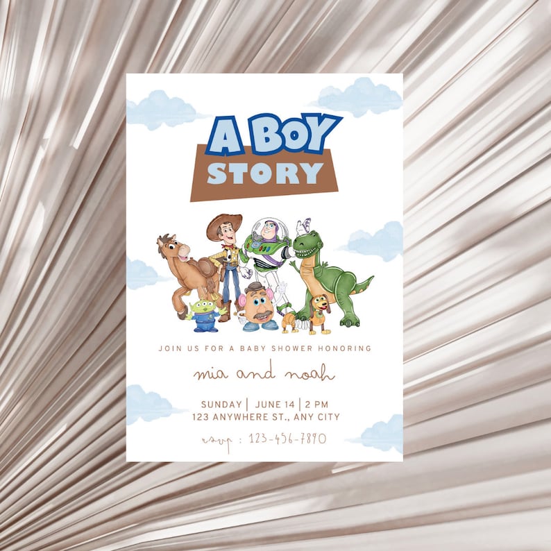 May include: A baby shower invitation with a "A Boy Story" theme featuring characters from the Toy Story movie franchise. The invitation includes the names "mia and noah", the date "Sunday, June 14, 2 PM", the address "123 Anywhere St., Any City", and the RSVP number "123-456-7890".