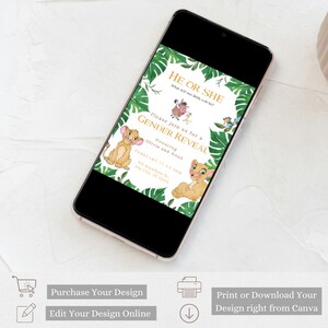 May include: A gender reveal party invitation with a jungle theme. The invitation features a lion, a zebra, and a giraffe. The text on the invitation reads "He or She? What will our little cub be?" and "Please join us for a Gender Reveal Honoring Olivia and Noah February 17 at 4pm 123 Anywhere St. Any City, ST 12345"