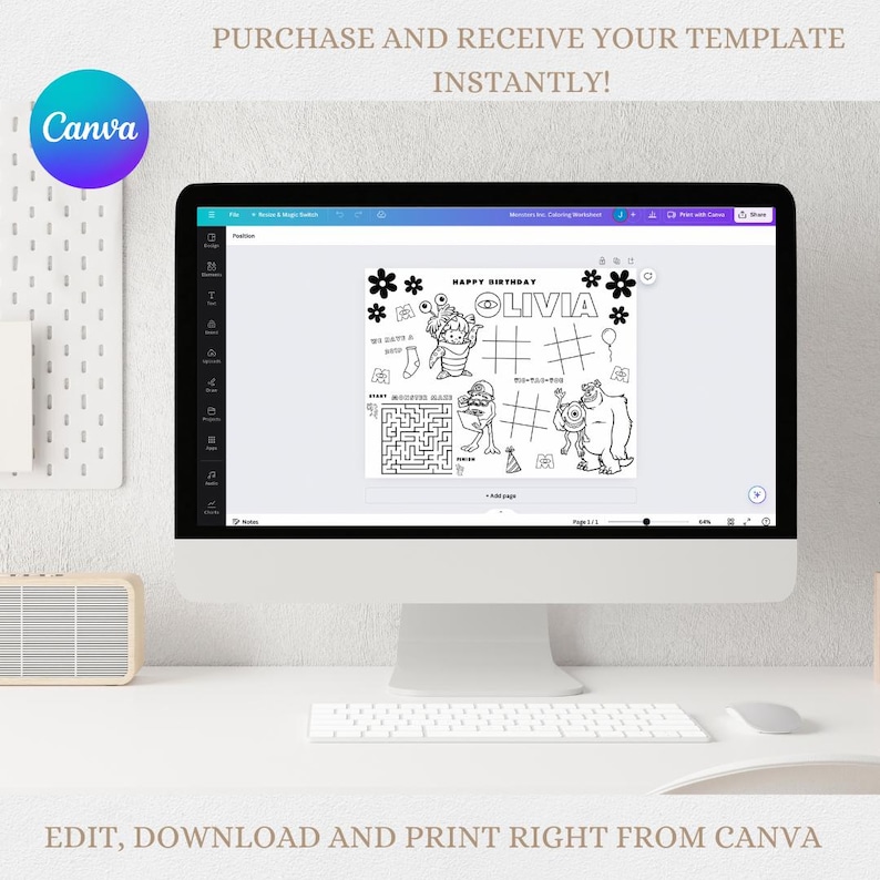 Monsters Inc. Birthday Party Activity and Coloring Sheet Canva Template image 4