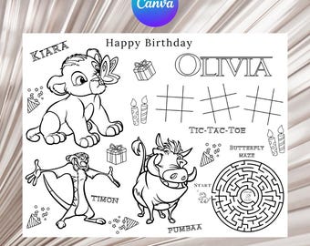 May include: A black and white printable coloring page featuring characters from the Lion King movie. The page includes a tic-tac-toe game, a butterfly maze, and images of Kiara, Timon, and Pumbaa. The text "Happy Birthday Olivia" is at the top of the page.