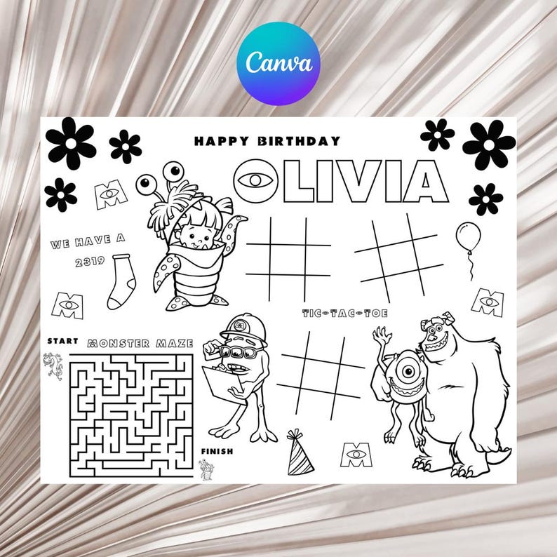 Monsters Inc. Birthday Party Activity and Coloring Sheet Canva Template image 2