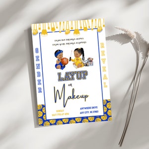 Royal Blue and Yellow Layup or Makeup Gender Reveal Canva Invitation Template