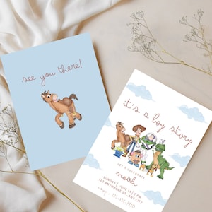 May include: A baby shower invitation with a blue and white background. The invitation features a cartoon image of the characters from the movie Toy Story. The text on the invitation reads "It's a boy story" and "Let's celebrate Noah".
