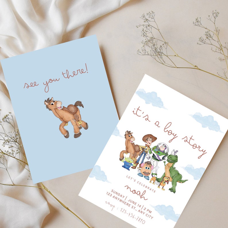 May include: A baby shower invitation with a blue and white background. The invitation features a cartoon image of the characters from the movie Toy Story. The text on the invitation reads "It's a boy story" and "Let's celebrate Noah".