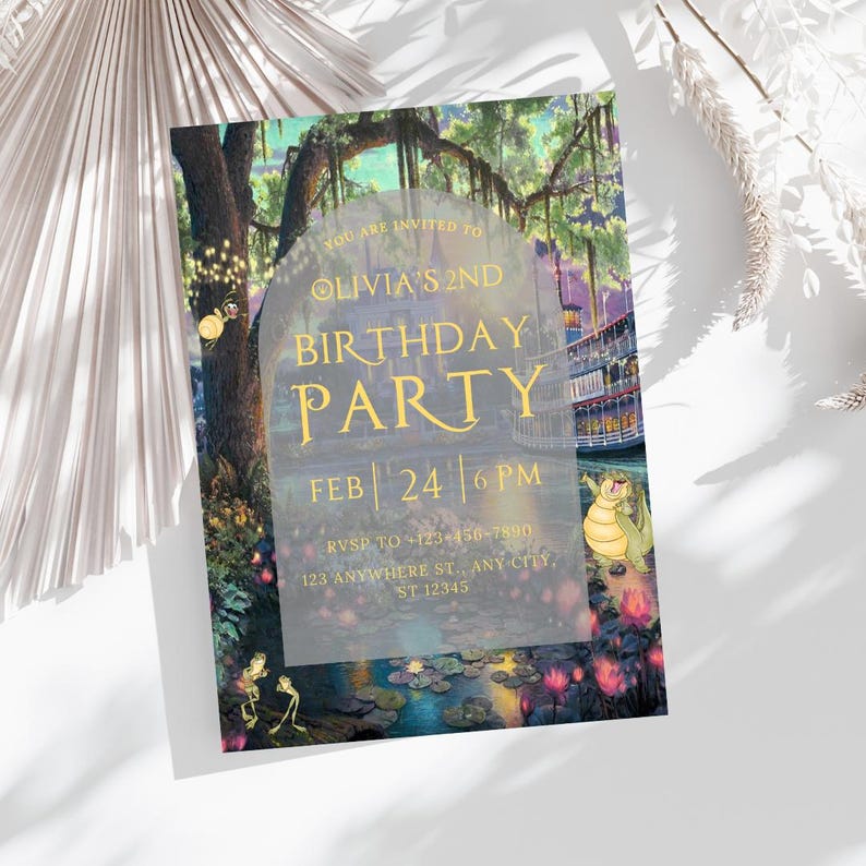 May include: A birthday party invitation with a whimsical illustration of a swamp scene with a steamboat, lily pads, and a frog. The text reads "You are invited to Olivia's 2nd Birthday Party - Feb 24 | 6 PM" with RSVP information below.