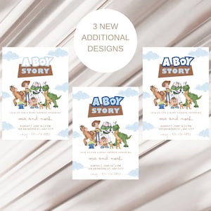 May include: Three printable baby shower invitations featuring a "A Boy Story" theme with characters from the Toy Story movie. The invitations are white with blue and brown accents. The text on the invitations reads "Join us for a baby shower honoring Mia and Noah. Sunday, June 14, 2 PM. 123 Anywhere St., Any City. RSVP: 123-456-7890."