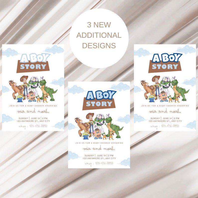 May include: Three printable baby shower invitations featuring a "A Boy Story" theme with characters from the Toy Story movie. The invitations are white with blue and brown accents. The text on the invitations reads "Join us for a baby shower honoring Mia and Noah. Sunday, June 14, 2 PM. 123 Anywhere St., Any City. RSVP: 123-456-7890."