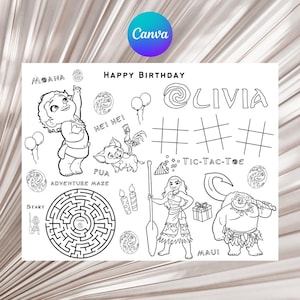 May include: A black and white printable coloring page featuring characters from the Disney movie Moana. The page includes a maze, a tic-tac-toe game, and images of Moana, Maui, Pua, and Hei Hei. The text "Happy Birthday Olivia" is at the top of the page.