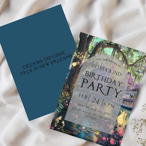 May include: A blue and green invitation card with a whimsical illustration of a swamp scene. The text reads "You are invited to Olivia's 2nd Birthday Party" with the date and time "Feb 24 | 6 PM".