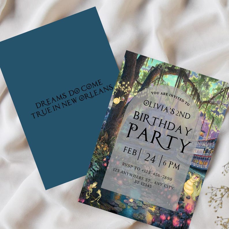 May include: A blue and green invitation card with a whimsical illustration of a swamp scene. The text reads "You are invited to Olivia's 2nd Birthday Party" with the date and time "Feb 24 | 6 PM".